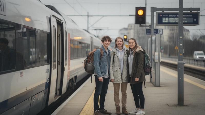 Student travellers with backpacks boarding an intercity train at a European station platform